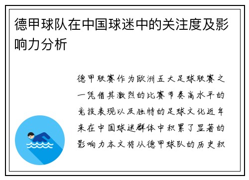 德甲球队在中国球迷中的关注度及影响力分析
